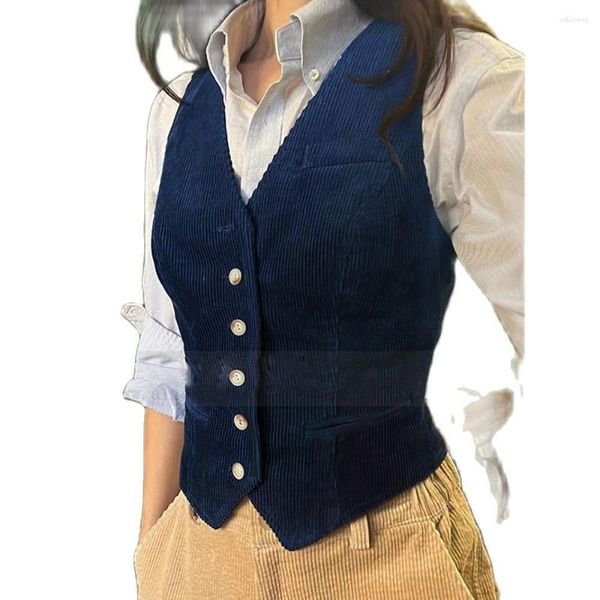 Gilet da uomo in velluto a coste vintage da donna con scollo a V monopetto tre tasche elegante giacca senza maniche slim fit