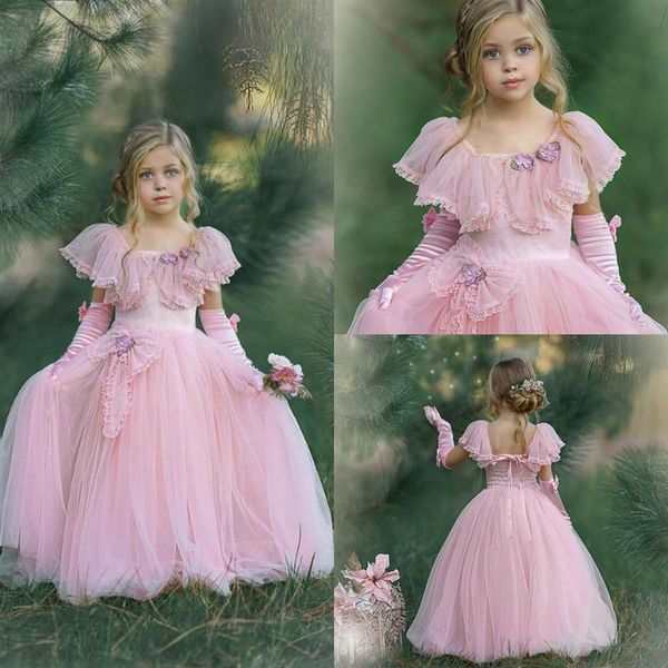 2020 милые розовые платья с цветочной девушкой с перчатками дешевые драгоценно -шейки первое платье причастия на день рождения.