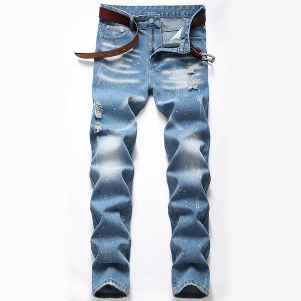 Мужские плюс размер новая мода Splash Jeans Geans Light Blue Ruped Trend Pants Streetwear Joggers повседневная юная одежда289U