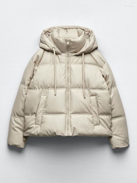 Женские траншеи Coats Winter Women Faux Leather Puffer Jacket 2023 Теплый PU Snow с капюшоном Parka Слух.