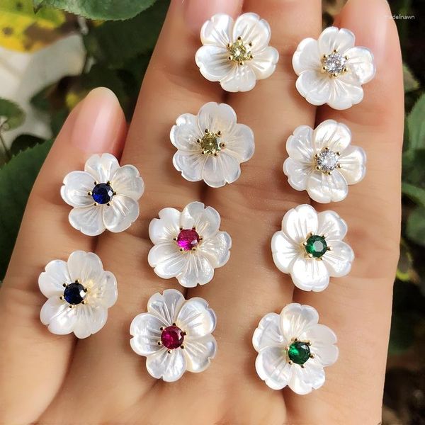 Ohrstecker Kleine Blume Natürliche Perle Muschel Runde Bunte Kristall Zirkonia Stein Frauen Gold Farbe Kpop Ohrring Schmuck