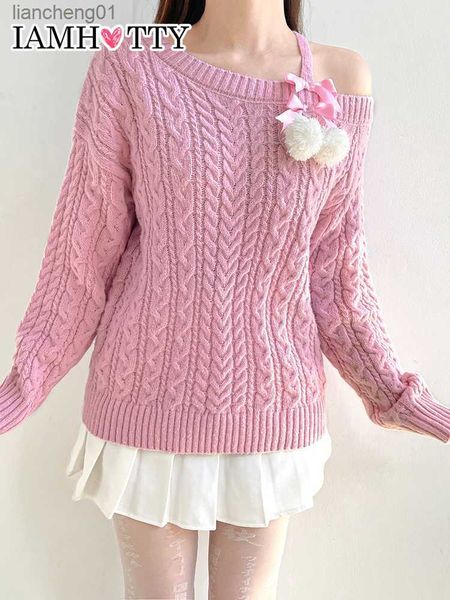 IAMHOTTY Aesthetic Furball Bow Lace Up Suéter Rosa Kawaii Loose Twist Malha Pullover Lolita Jumper Estilo Japonês Fairycore L230619