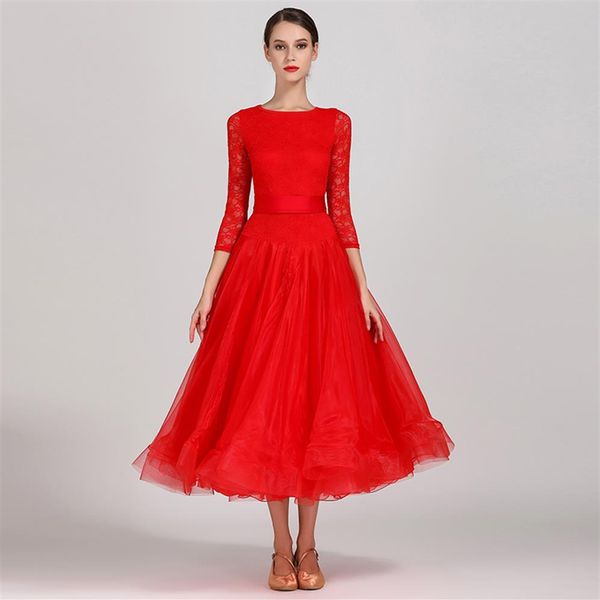 Novo vestido de dança de salão para mulheres moderno vestido de dança padrão valsa preto vermelho azul alta qualidade 1 2 manga vestido de renda2722