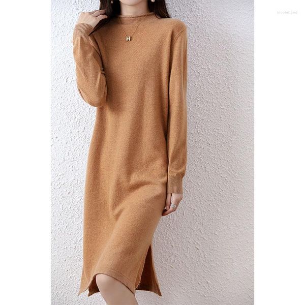 Vestidos Casuais Tailor Sheep Lã Merino Malha Vestido Suéter Para Mulheres Inverno/Outono Gola O Feminino Estilo Longo Jumper Roupas para Meninas