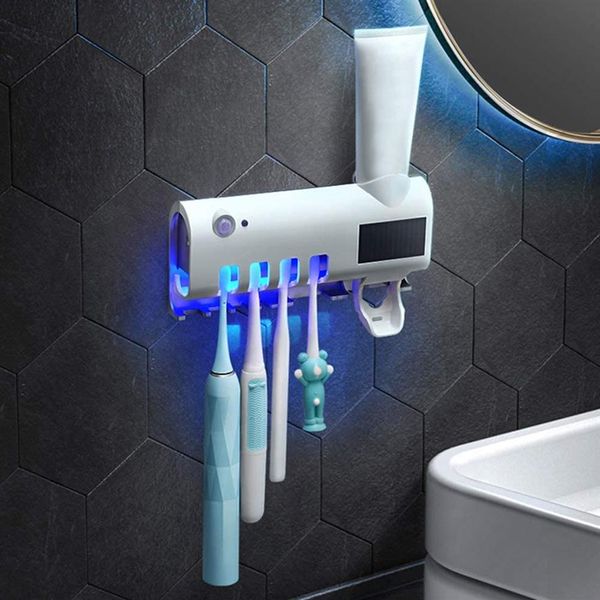 Porta spazzolino UV Dispenser dentifricio 4 Porta spazzolino sterilizzatore a parete con adesivo Sterilizzazione lampada per famiglia T276b