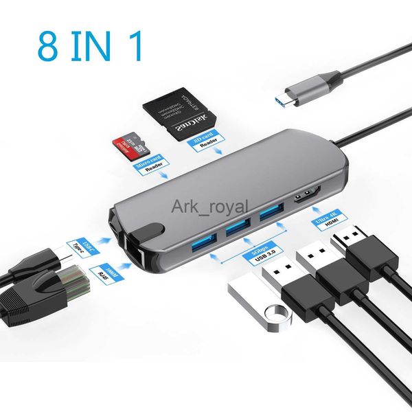 Accessori per schede di espansione Hub USB C Tipo C Adattatore da 31 a HDMI 8 in 1 con lettore di schede SD TF RJ45 Docking station per ricarica rapida PD per MacBook Laptop PC J230721