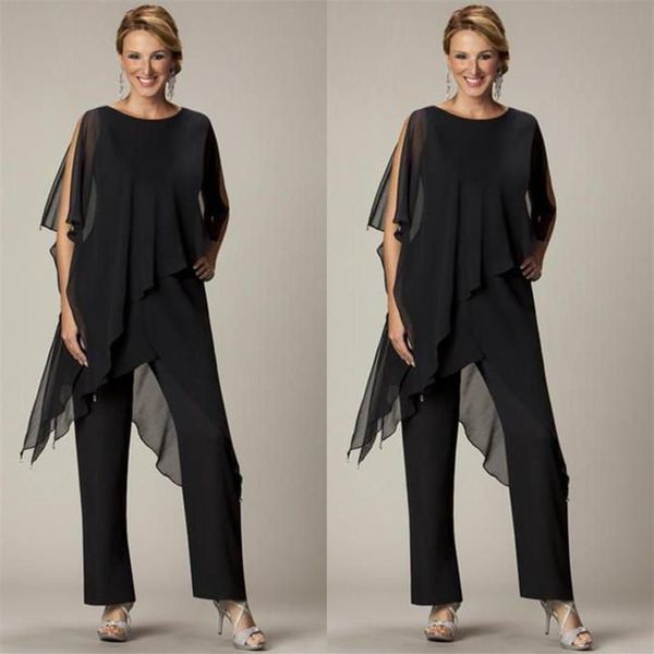 Abiti economici a due pezzi Pantaloni per la madre della sposa Gioiello Mezza manica Plus Size Abiti da sera in chiffon nero Beach Wedding Party334C