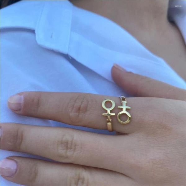 Cluster-Ringe, minimalistischer Doppelsymbol-Ring, Goldfarbe, Edelstahl, verstellbar, offen, für Frauen, Lesben, LGBT-Schmuck, LES-Geschenke