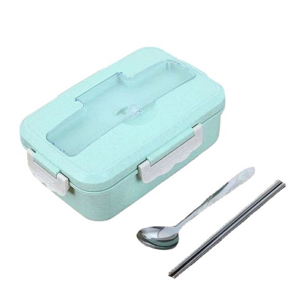 Weizenstroh-Lunchbox, kreative rechteckige japanische Bento-Box mit drei Gittern und Handyhalter, Lunchbox aus Kunststoff, Konservierungsbox