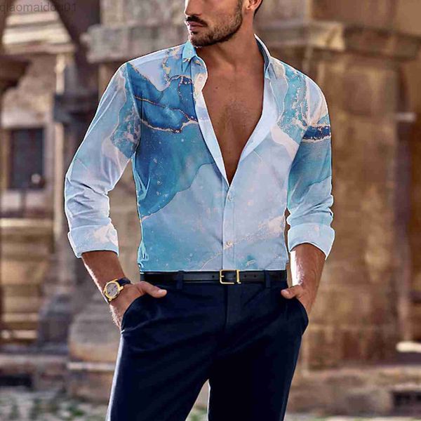 Camicie casual da uomo Moda primavera ed estate Nuova camicia da uomo a maniche lunghe Business Leisure Party Camicia hawaiana Harajuku Gilded Line HD 3D Print L230721