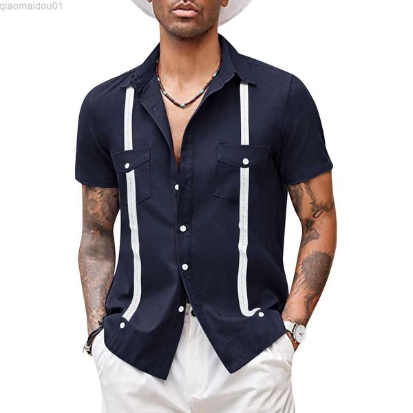 Camisas casuais masculinas de verão masculina tradicional cubana com gola de acampamento manga curta estilo caribenho mexicano camisa de praia estampa listrada com tops de bolso L230721