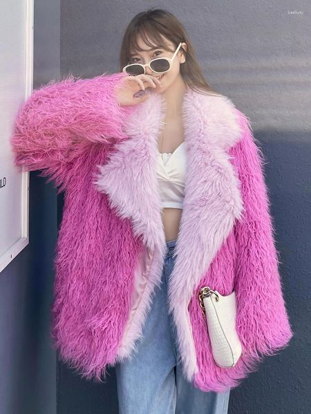Cappotto di media lunghezza in lana sintetica giovane in pelliccia da donna Giacca con risvolto rosa pesca Abbigliamento invernale