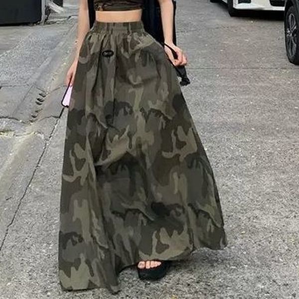 Saias Japonês Verão Camuflado Cintura Alta Saia Longa Feminina Estampada Férias Saias Causal Y2k Moda Coreana Vintage Faldas Maxi Jupe 230720