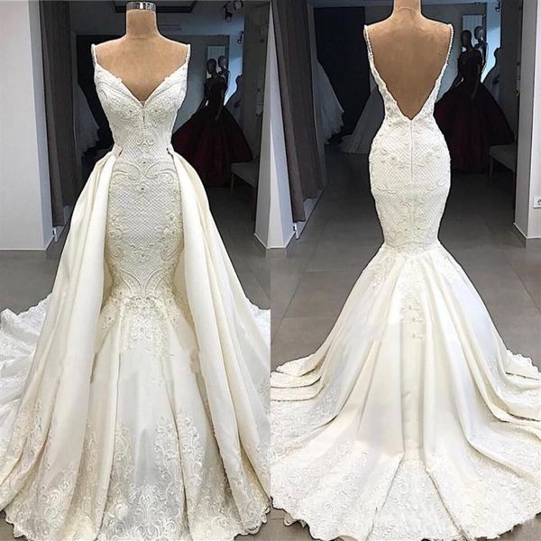 Lussuoso abito da sposa a sirena con scollo a V delicato con scollo staccabile in pizzo Plus Size Abiti da sposa senza schienale Custom234b