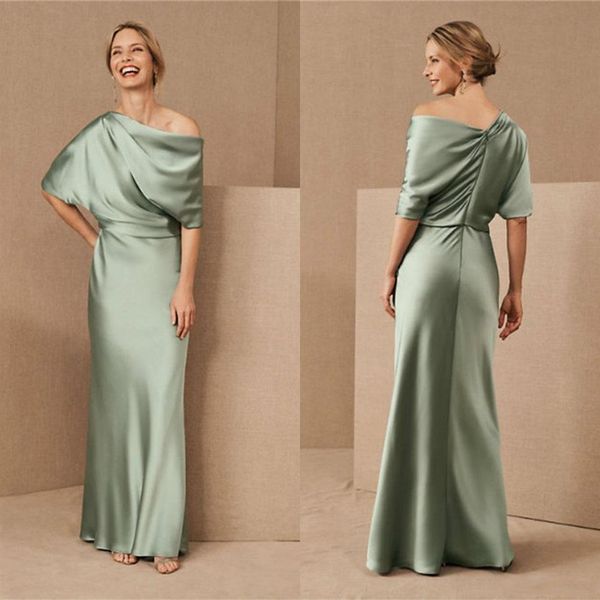 Einfache Satin-Meerjungfrau-Kleider für die Brautmutter, eine Schulter, bodenlang, formelle Partykleider, Rüschen, Hochzeitsgast-Kleid286Y