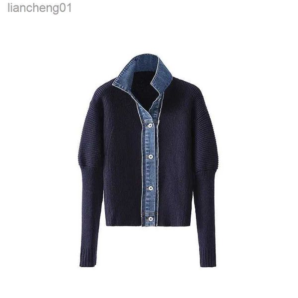 Giacca maglione moda coreana Primavera Autunno Denim Patchwork Cardigan lavorato a maglia Colletto rovesciato Monopetto Vingtage Cappotto in maglia L230619