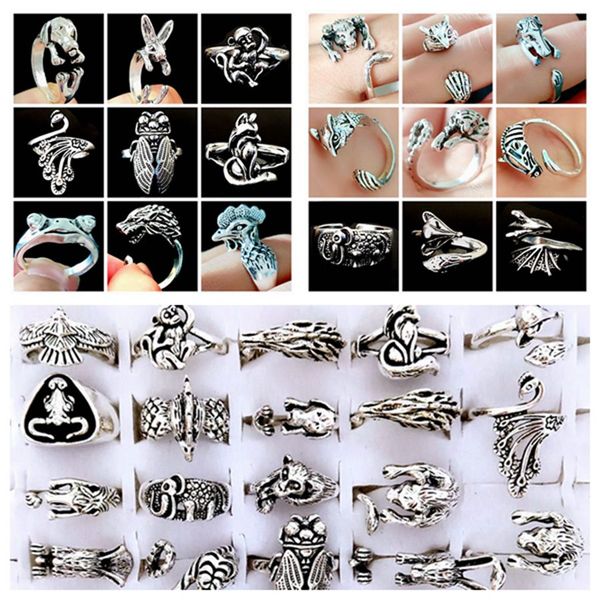 20pcs 20 disegni anelli di metallo animali stili migliori mix cicala scimmia anello retrò placcato argento gioielli per feste all'ingrosso