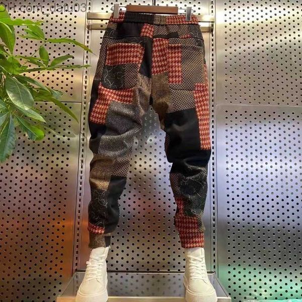 Calças masculinas inverno e outono moda masculina harém jogger patch work tornozelo punhos cintura elástica escovado street hip-hop calças Z230721