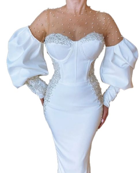 Elegante weiße Meerjungfrau-Abschlussballkleider mit Perlen, durchsichtigem Ausschnitt, langen Ärmeln, Abendkleidern mit schweren Strasssteinen, Kleid für besondere Anlässe