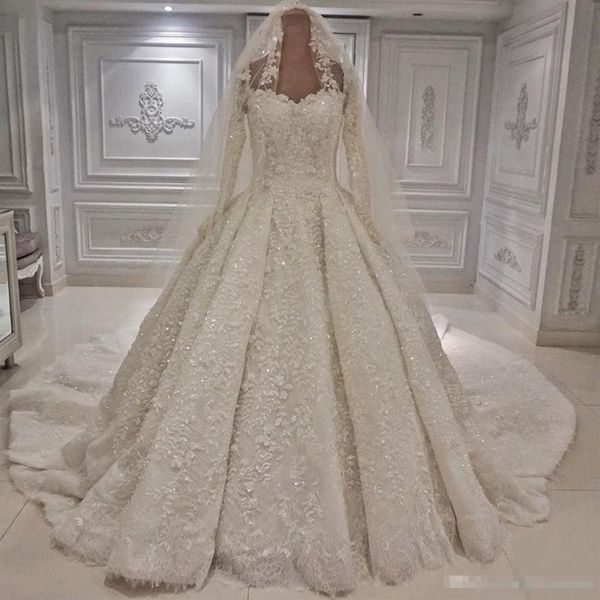 Dubai estilo árabe vestido de baile branco vestidos de noiva luxo frisado apliques transparente mangas compridas noiva formal igreja vestidos de casamento wi207v
