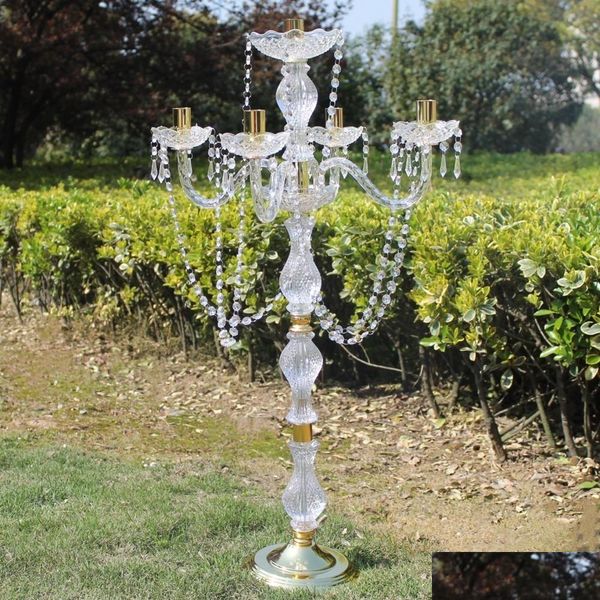 Castiçais 5 pçs / lote 90 cm de altura acrílico 5 braços candelabros de metal com pingentes de cristal titular peça central decoração de festa drop d dhz5r