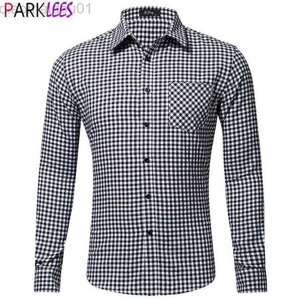 Camisas casuais masculinas 100% algodão camisa xadrez pequena de flanela manga longa ajuste regular preto branco xadrez camisa social camisa social L230721