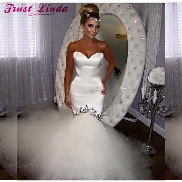 Encantador vestido de noiva sereia simples cristal cetim com tule vestidos de noiva vestido de novia custom made2917