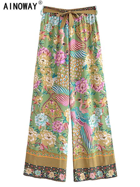 Calças femininas capri vintage chique feminina pavão estampa floral boêmio calças largas senhora cintura elástica solto raiom boho calças compridas calças oversize 230720