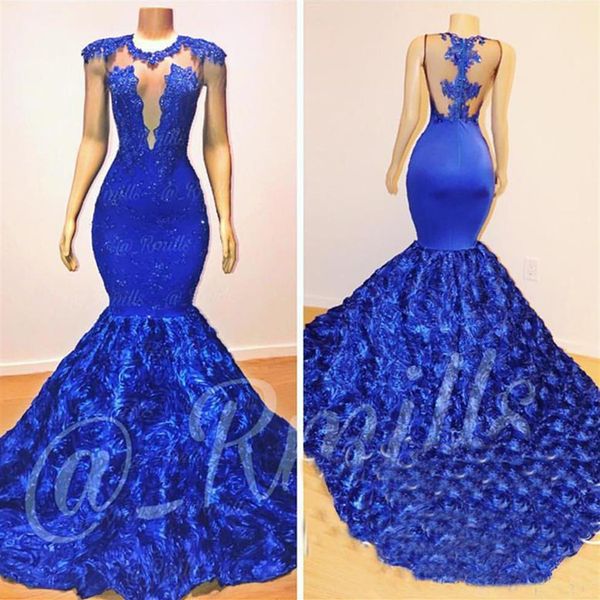 Royal Blue Mermaid Prom Dresses Rose Flowers Long Chapel Train Sheer Neck Applique Beads 2K18 African Pageant Party Dress Evening 175E