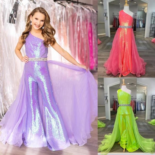 Lilla Girl Pageant Dress Jumpsuit 2023 Pagliaccetto con paillettes Pantaloni svasati Organza Crystal Skirt Little Kid Birthday One-Shoulder Formal Pa213B