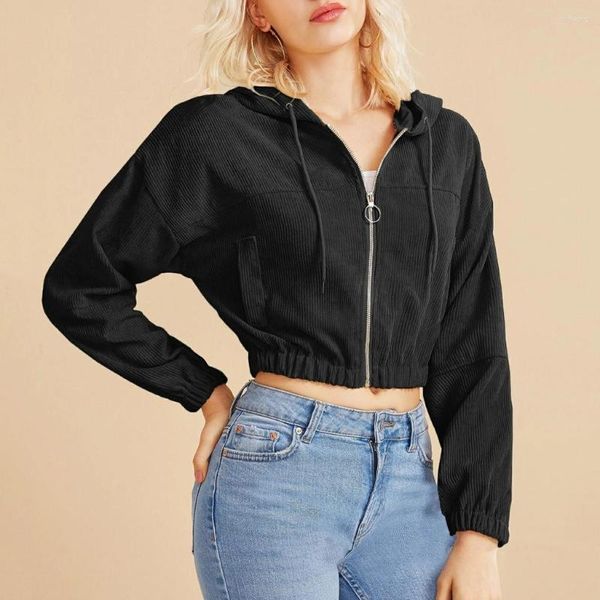 Sudaderas con capucha para mujer, Top corto informal con cremallera, sudadera sólida para mujer, cárdigan Retro Harajuku para primavera y otoño, abrigo deportivo ajustado, chaqueta de manga larga