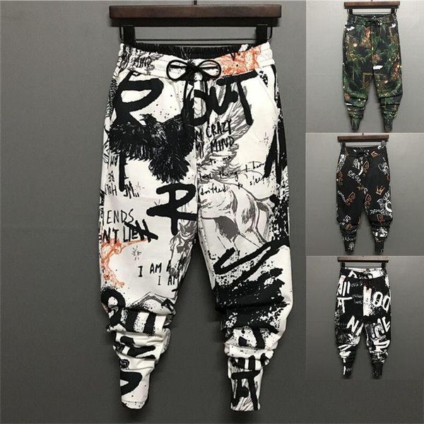 Calças Masculinas Estampadas Cintura Elástica Masculina Casual Amarrada no Tornozelo Verde Harém Slim Japonês Harajuku Moda Masculina Roupas Hip Hop