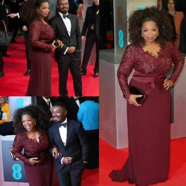 Mew Oprah Winfrey Burgunderrot, lange Ärmel, sexy Kleider für die Brautmutter, V-Ausschnitt, transparente Spitze, Mantel, Übergröße, Promi-Roter Teppich G293h