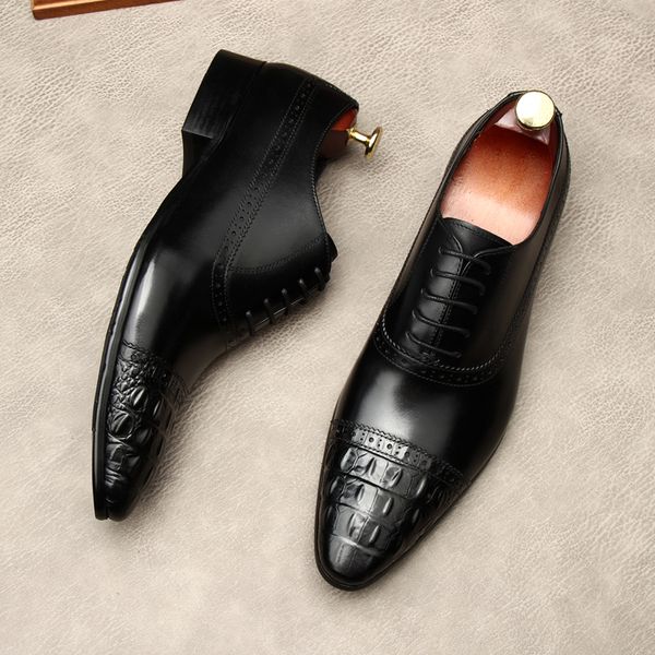Sapatos sociais masculinos pretos luxuosos couro genuíno moda crocodilo padrão couro envernizado casamento Oxfords sapatos sociais homem 2023 novo