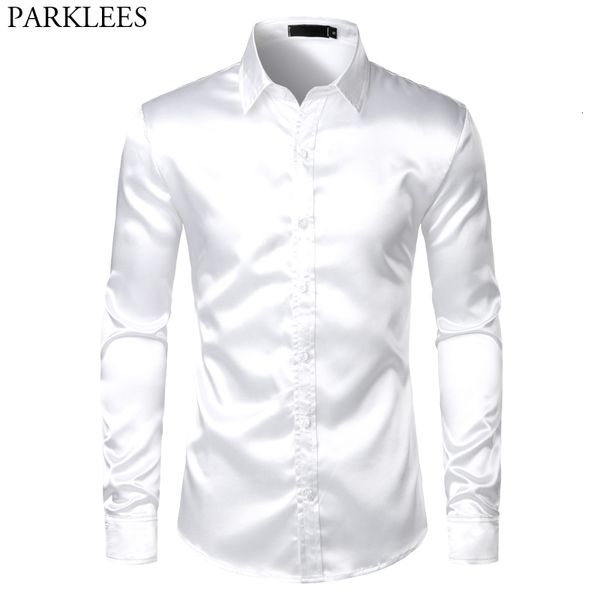 Camisas casuais masculinas de seda branca de cetim smoking camisa masculina 2023 marca de manga comprida vestida masculina vestida festa de casamento dança masculina chemise 230721