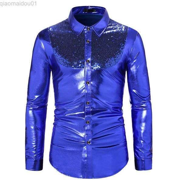 Camicie casual da uomo Camicia elegante con paillettes blu lucido Uomo 2023 Camicie Hip Hop di marca Streetwear Camicie da uomo anni '70 Disco Party Nightclub Stage Cantante Abbigliamento da ballo L230721