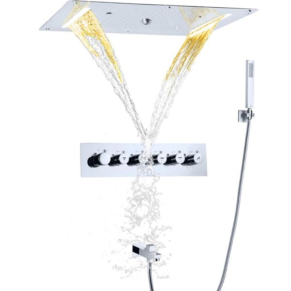 Banheira termostática polida cromada Sistema de chuveiro 700X380MM embutido no teto Cachoeira Pulverizador Bolha Chuva Chuva LED Cabeça de banho com Handheld235B