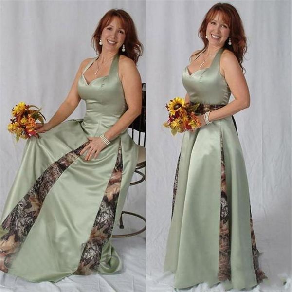 Neckholder-Kleid aus grünem, bedrucktem Satin für die Brautmutter mit Camo-Satin-Kleid für Hochzeitsgäste, Übergröße, Sweep-Zug, formelles Eve154N