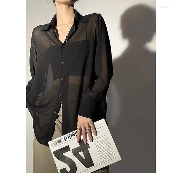 Camicette da donna camicia trasparente a prova di sole maglia femminile manica lunga Y2k top camicetta in chiffon allentato solido cardigan moda coreana per donna