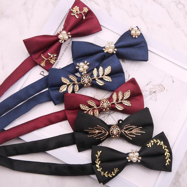 Papillon 12 6CM Cravatta in poliestere intarsiato di alta qualità nero rosso blu tinta unita in metallo doppia felicità per cravatta da sposa groomsman