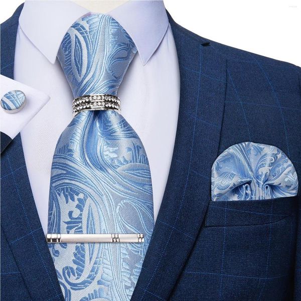 Conjunto de gravata borboleta azul claro paisley seda para festa de casamento acessórios para noivo com anel de gravata clipe de prata Gravata Masculina