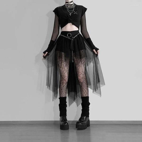 Saias Mulheres Saia De Malha Gótica Irregular Tule Preto Punk Rave Party Vintage Lolita Goth Tutu Longo Faldas Estética