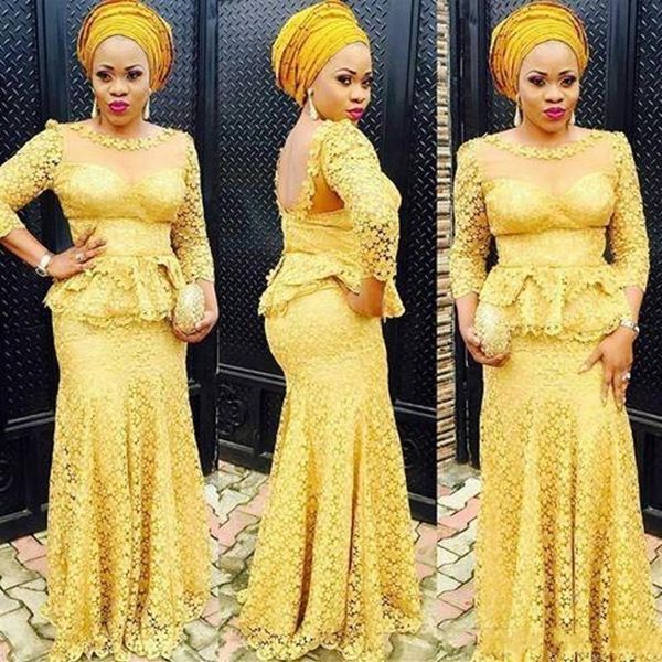 Generosi abiti da ballo in pizzo giallo africano Peplo Aso Ebi Style Abiti da sera lunghi da festa Appliques in pizzo 3/4 Sirena a maniche lunghe She285J