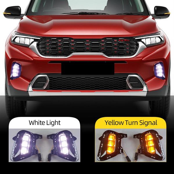 2PCS Auto beleuchtung Für Kia Sonet 2020 2021 Auto Tagfahrlicht Nebel licht Lampe LED DRL Mit gelb blinker237j