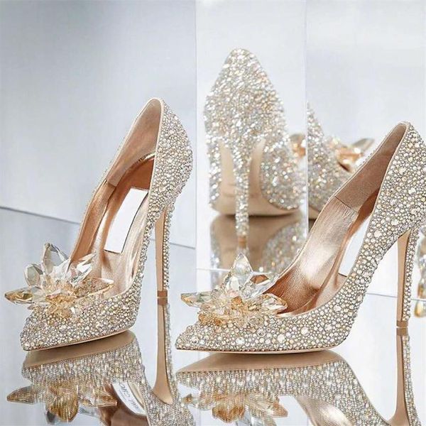 Salto estilete brilhante cristais sapatos de casamento nupcial sapatos para noiva designer de luxo strass salto alto bombas dedo do pé pontiagudo baile de formatura 295E