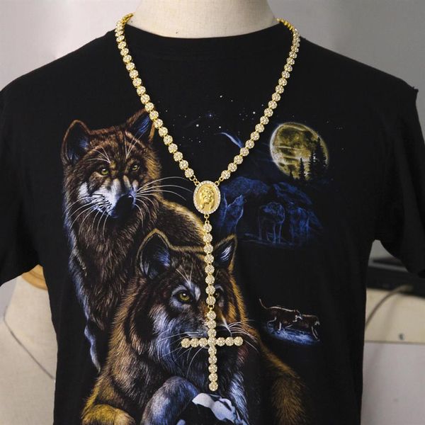 2019 novo banhado a ouro zircônia cúbica masculino Jesus redondo retrato cruz corrente de tênis colar rosário designer luxo hip hop jóias f261w