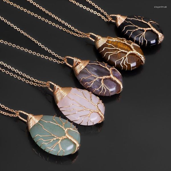 Anhänger Halsketten Natürliche Stein Rosa Quarz Opal Halskette Gold Farbe Baum des Lebens Draht Wrap Wasser Tropfen Form Für Frauen Männer