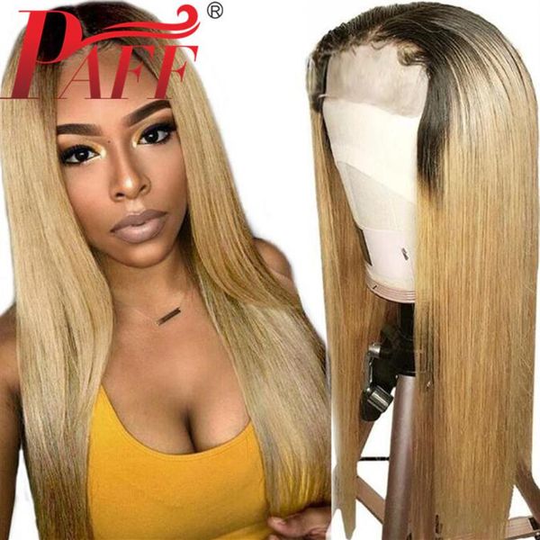 PAFF Ombre Gerade Spitze Front Menschliches Haar Perücke Highlights Honig Blonde 13x4 Remy Brasilianische Spitze Frontal Perücken Für schwarz Women244v