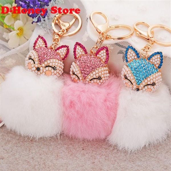 16CM Kaninchenfell Fuchs Schlüsselanhänger Bling Strass Fuchs Echtes Kaninchenfell Ball Flauschiger Schlüsselbund Auto Schlüsselanhänger Ring Anhänger Tasche Charm320Z