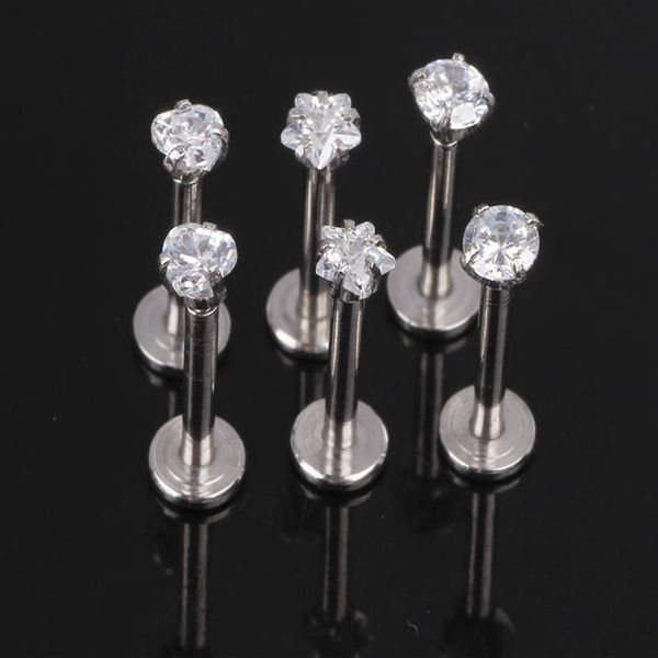 1 2x8x3mm 16G Prata Ponta com Rosca Interna Jóia Labret piercing labial Anel labret Zircão Brinco Tragus280K